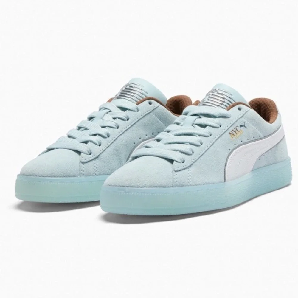 Puma Suede Run Along Womens 6.5 Dew White Coffee Silver NYC Sneakers 400842 01